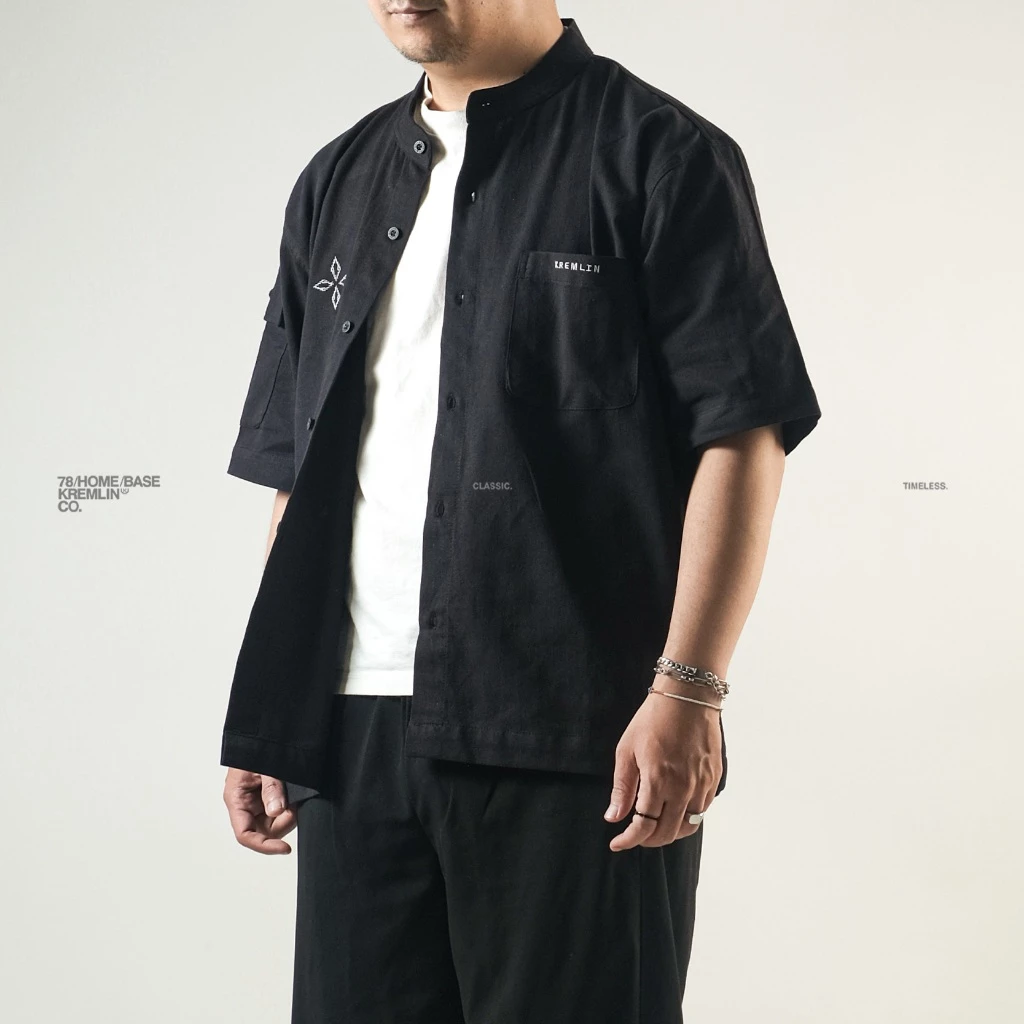 KREMLIN Short Sleeve Mandarin Collar Shirt Oversized - JUON | Black image 6