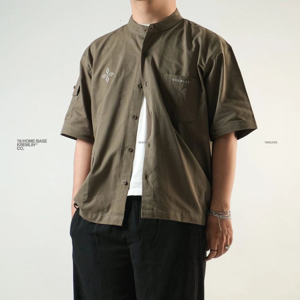 KREMLIN Short Sleeve Mandarin Collar Shirt Oversized - JUON | Olive image 5