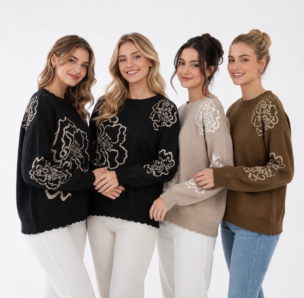 Peony Flower Knit Sweater Premium Thick Floral Pattern Pullover, Elegant Women’s Cozy Sweater