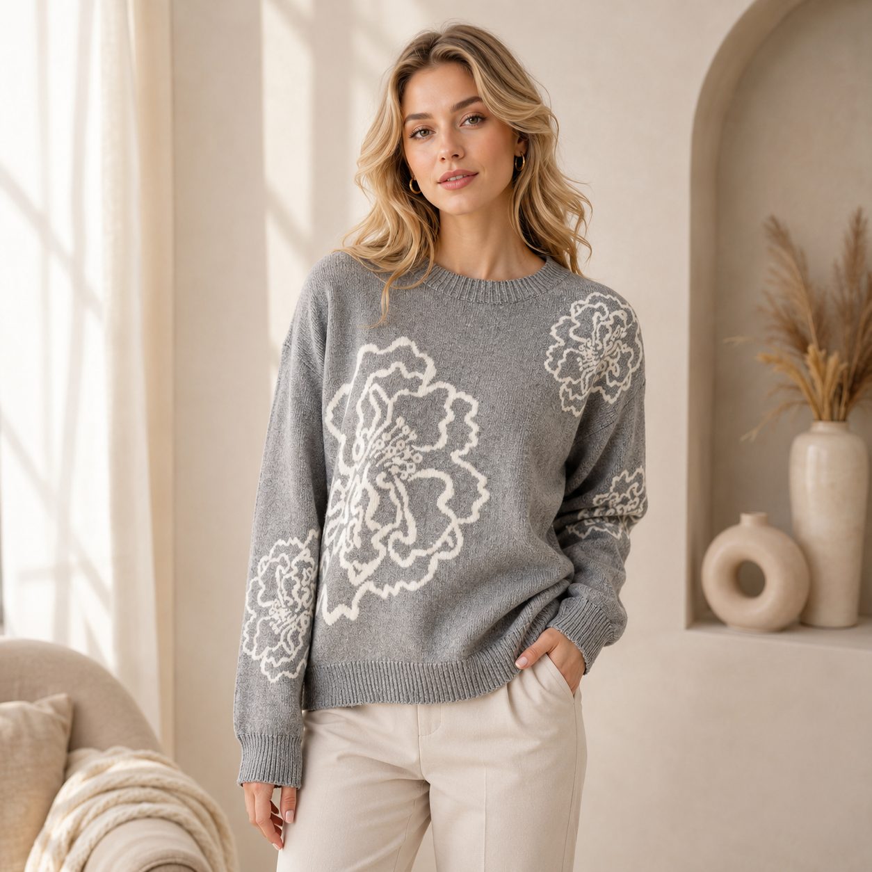 Peony Flower Knit Sweater Premium Thick Floral Pattern Pullover, Elegant Women’s Cozy Sweater image 5