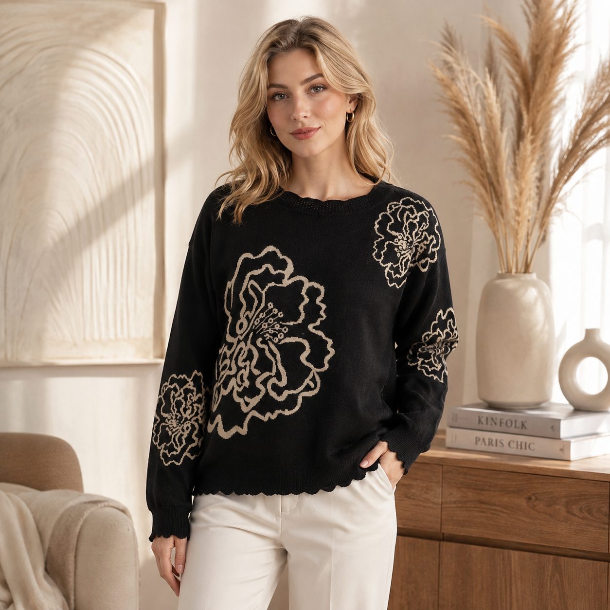 Peony Flower Knit Sweater Premium Thick Floral Pattern Pullover, Elegant Women’s Cozy Sweater image 6