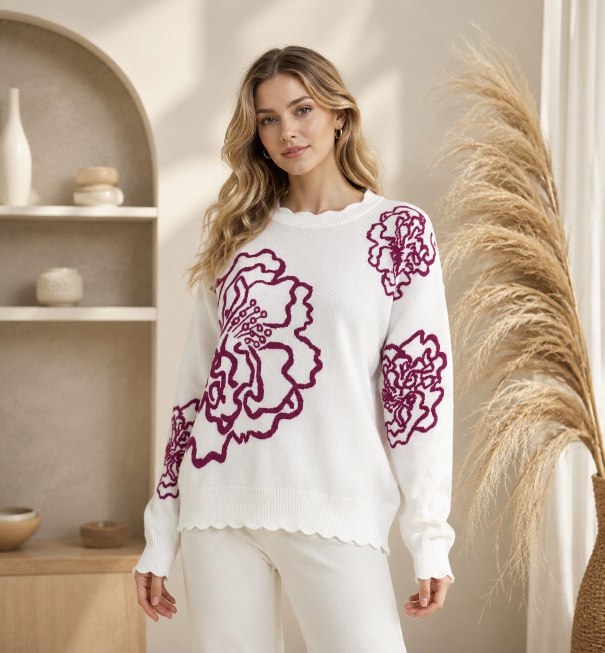 Peony Flower Knit Sweater Premium Thick Floral Pattern Pullover, Elegant Women’s Cozy Sweater image 7