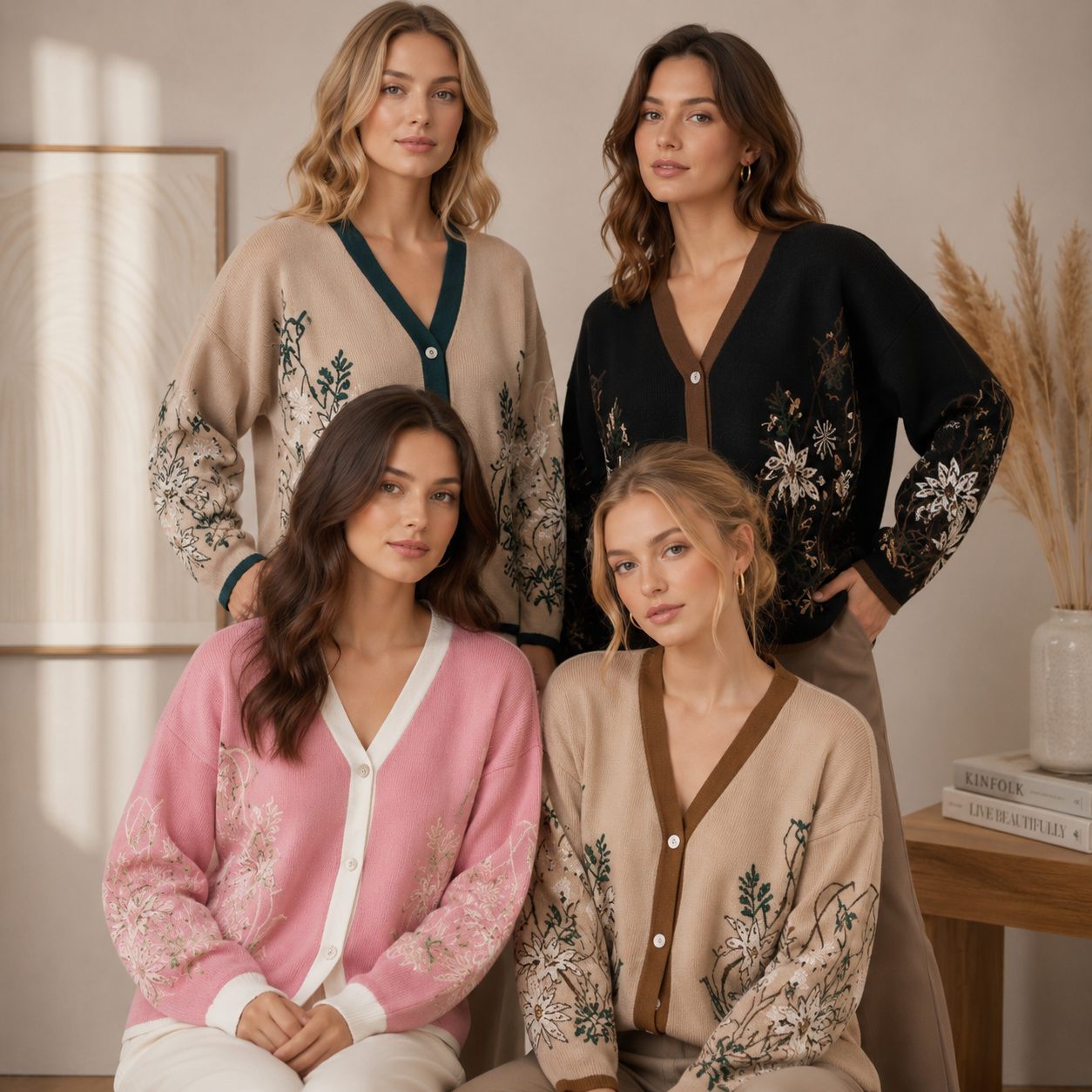 Floral Knit Cardigan for Women V-Neck Button Front Sweater, Elegant Cozy Flower Pattern Cardigan
