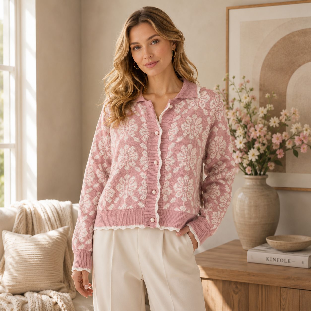 Premium Floral Knit Cardigan for Women Soft Korean Style Sweater, Elegant Simple Button Front Flower Cardigan image 5